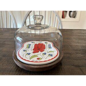 Vintage 1970 Goodwood Floral Poppie Glass Domed Serving Cheese Board Charcuterie